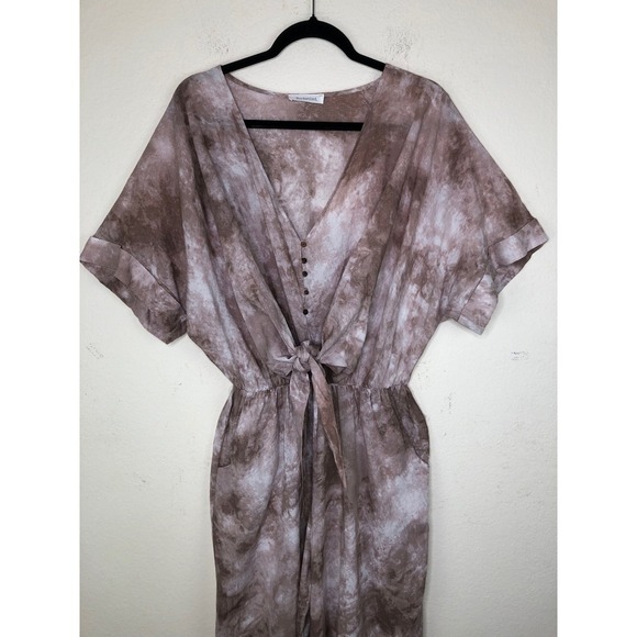 Bucketlist Tie-Waist Jumpsuit Women's Large Short Sleeve Taupe Tie Dye Wide Leg - Picture 7 of 16